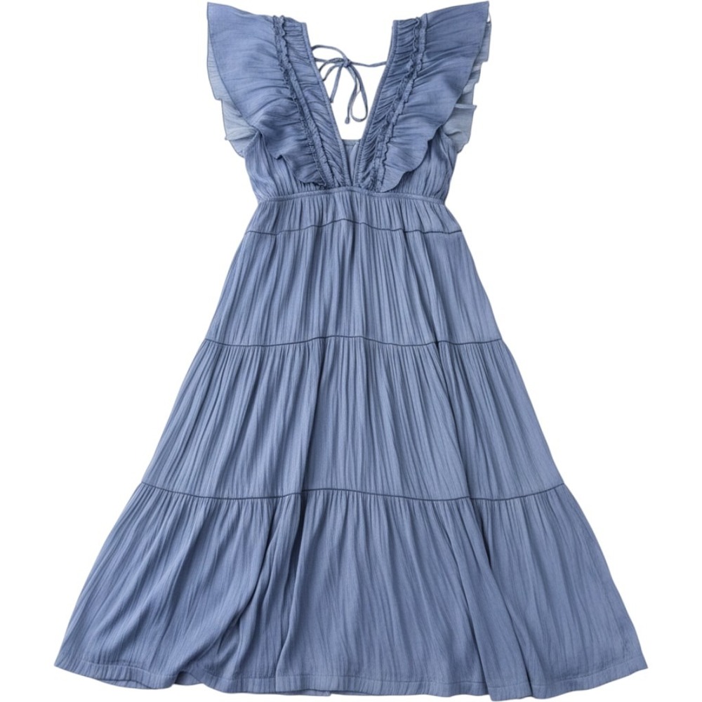 Joie Blue Tiered Ruffle Maxi Dress Crinkle Flutter Sleeve V-Neck Large